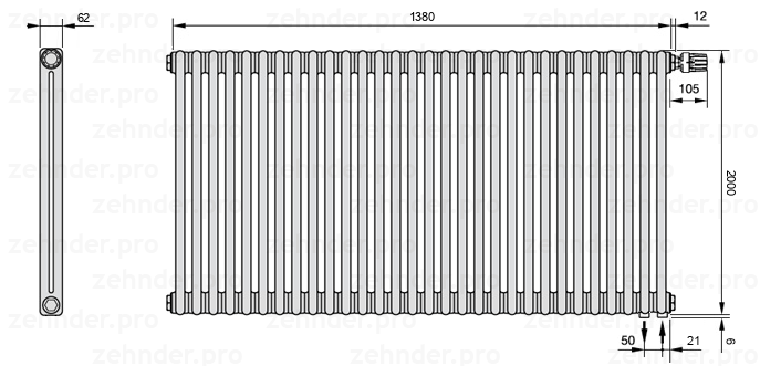 Схема (чертеж) Радиатор Zehnder Charleston 2200/30 №V002 Белый глянцевый RAL 9016